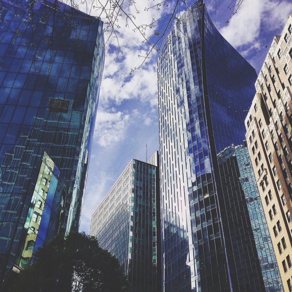 Low angle view of modern buildings against sky in the United States