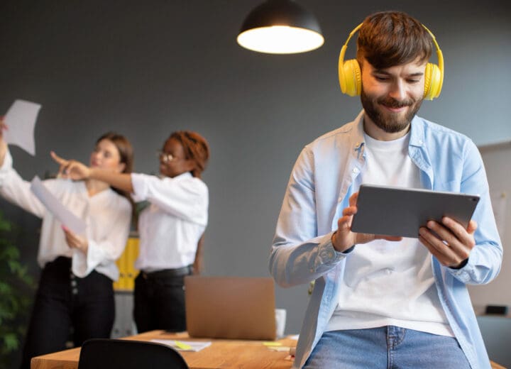 Portrait of a startup professional collaborating with his colleagues