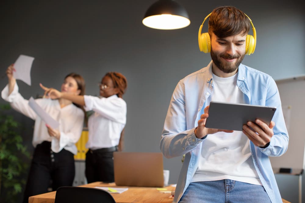 Portrait of a startup professional collaborating with his colleagues